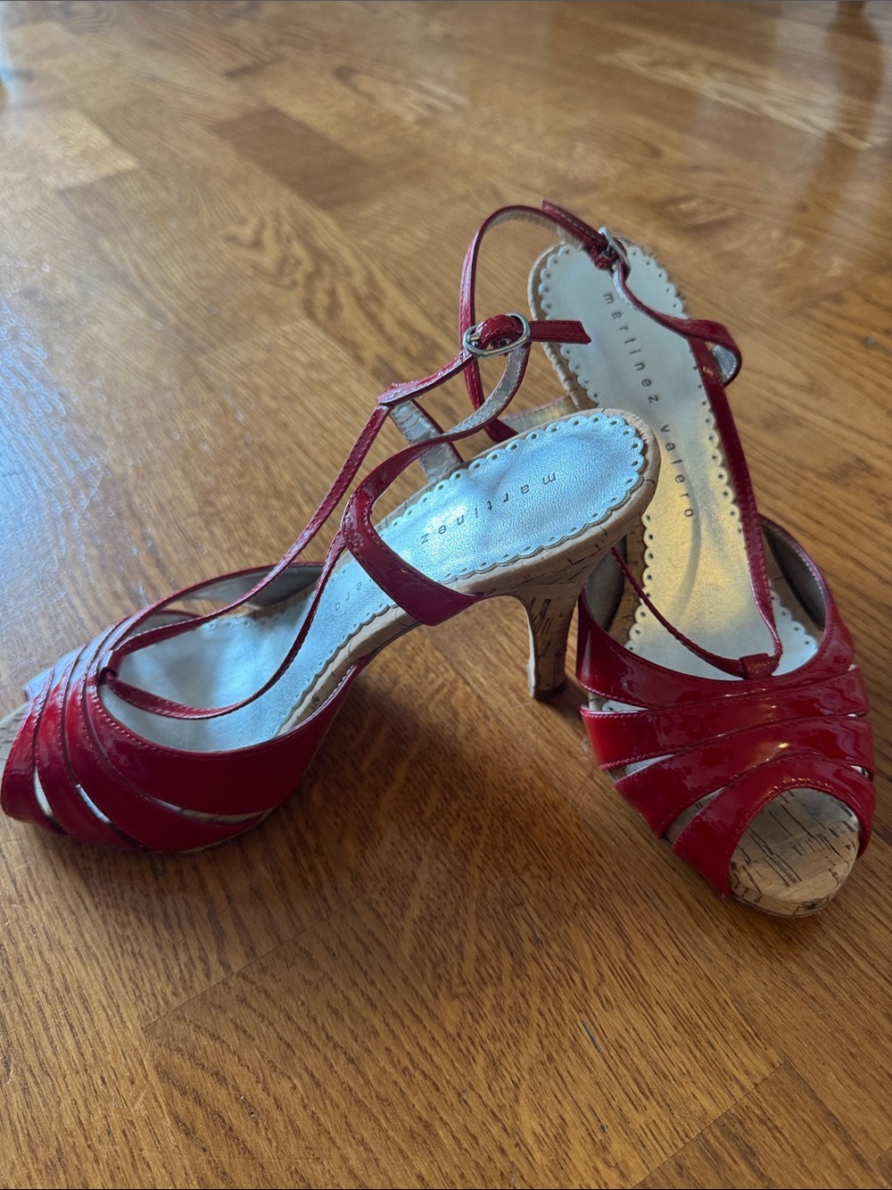 Vintage 2000’s Martinez Valero High Gloss Red Patent T-Strap Peep-Toe Heels